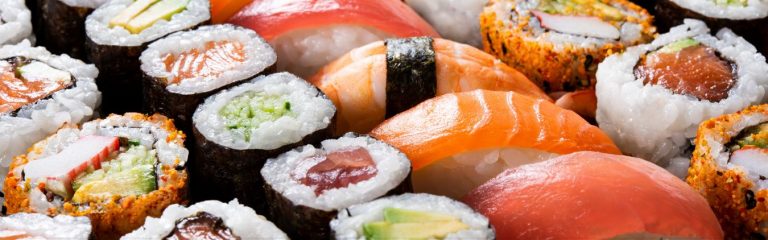 A platter of different sushi rolls.